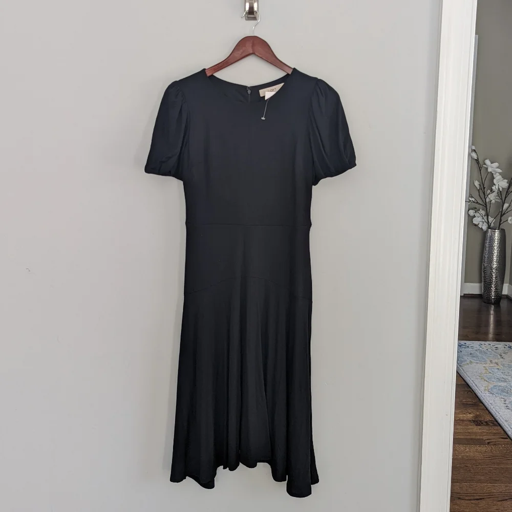 LOFT Black Midi Dress with Puff Sleeves - Picture 2 of 7
